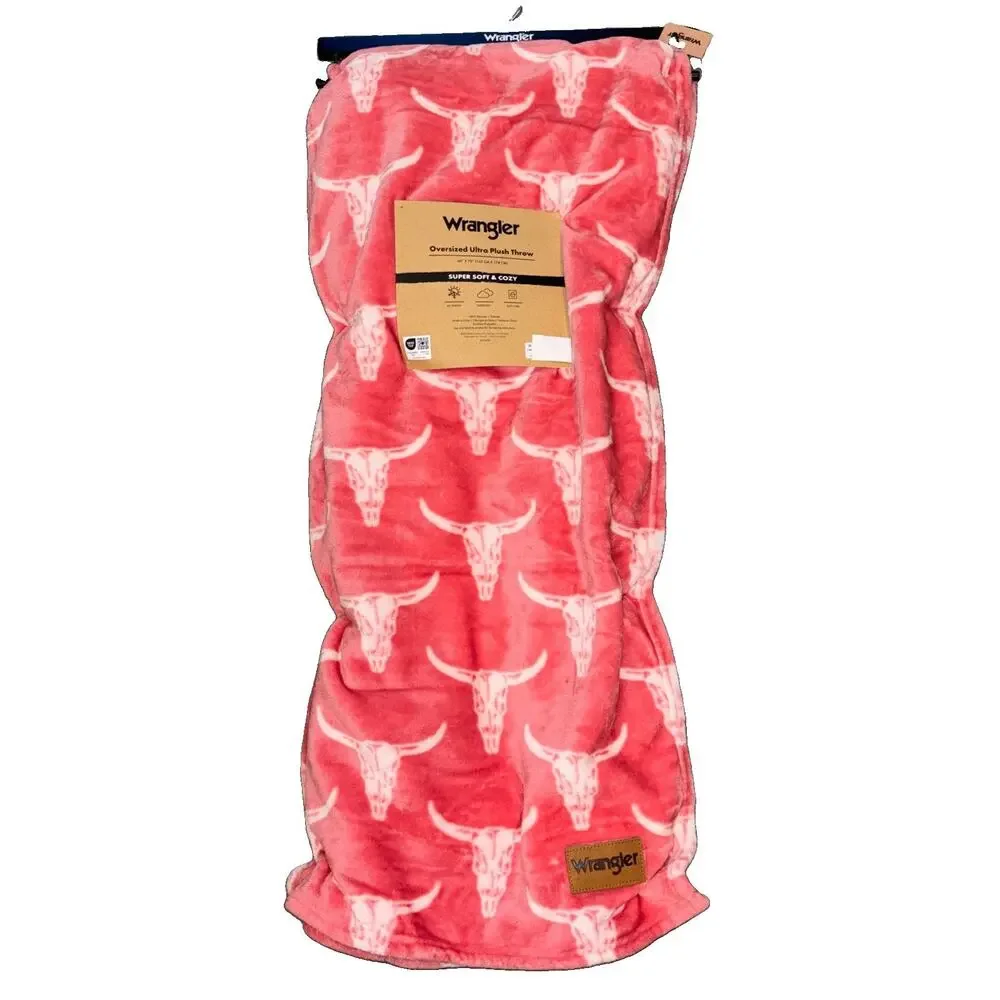 Wrangler Pink Longhorn Cow Steer Cowgirl Western Plush Throw Blanket 60x70 NEW
